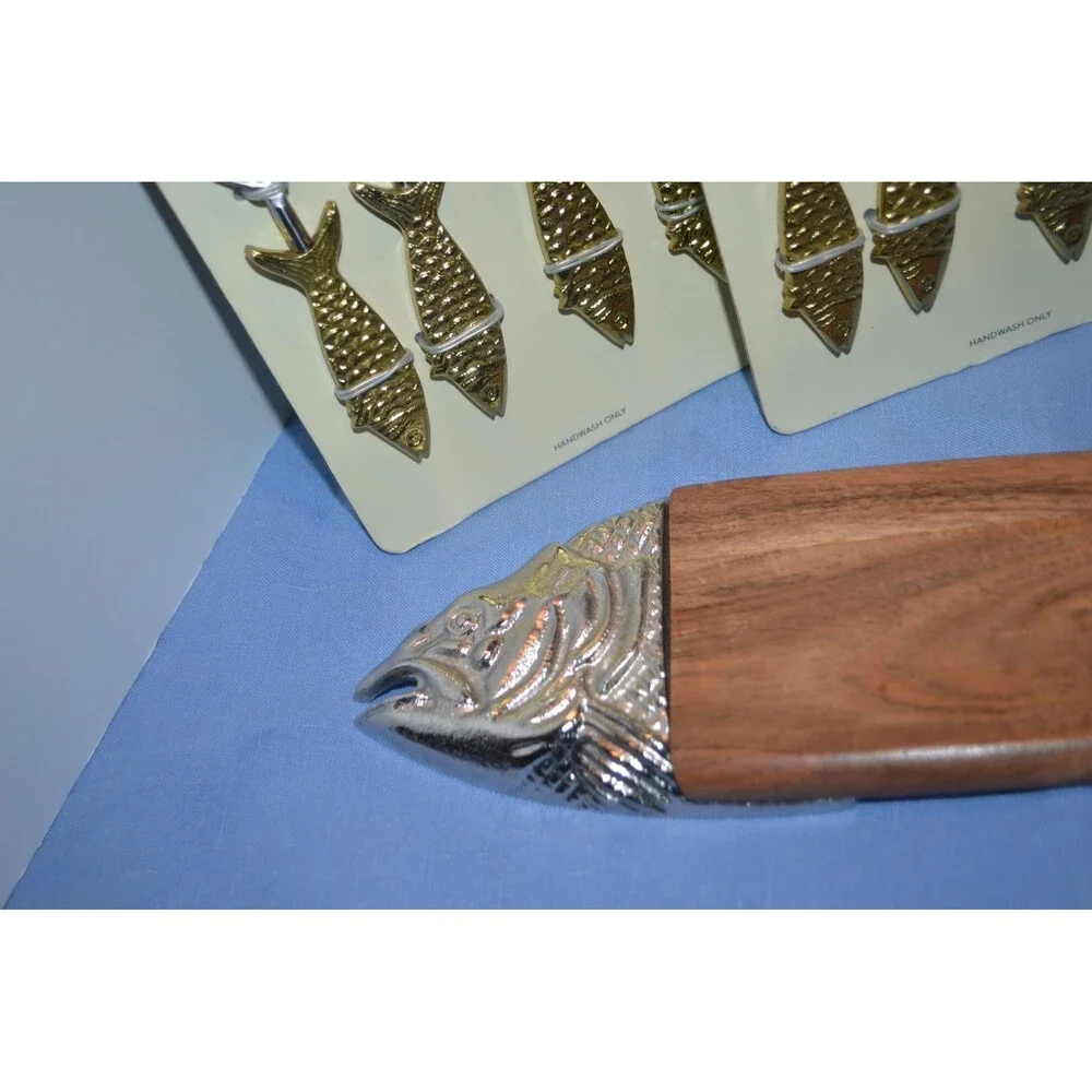 Metal Fish Spoons and Spreaders with Wood Fish Serving Board
